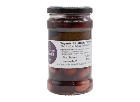 Kalamata Organic Olives unpitted, with bay 295g jar